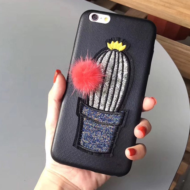 For iPhone 8 Plus & 7 Plus Embroidery Cactus Pattern Drop-proof Protective Back Cover Case with Red Furry Ball