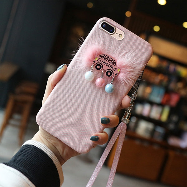 For iPhone 8 Plus & 7 Plus Plush School Bus Pattern Protective Back Cover Case with Sling & Small Ball Pendant