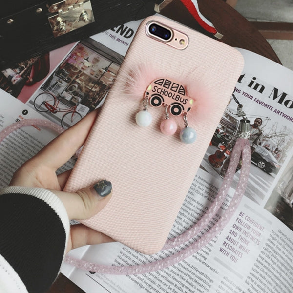 For iPhone 8 Plus & 7 Plus Plush School Bus Pattern Protective Back Cover Case with Sling & Small Ball Pendant