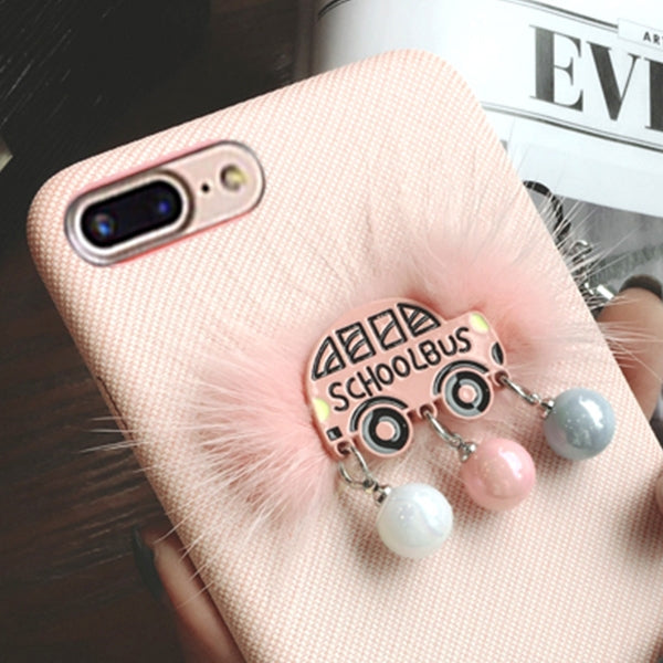 For iPhone 8 Plus & 7 Plus Plush School Bus Pattern Protective Back Cover Case with Sling & Small Ball Pendant