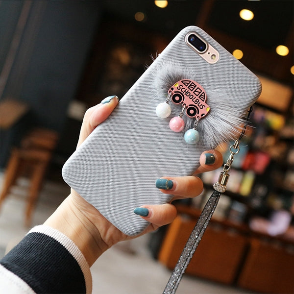 For iPhone 8 Plus & 7 Plus Plush School Bus Pattern Protective Back Cover Case with Sling & Small Ball Pendant
