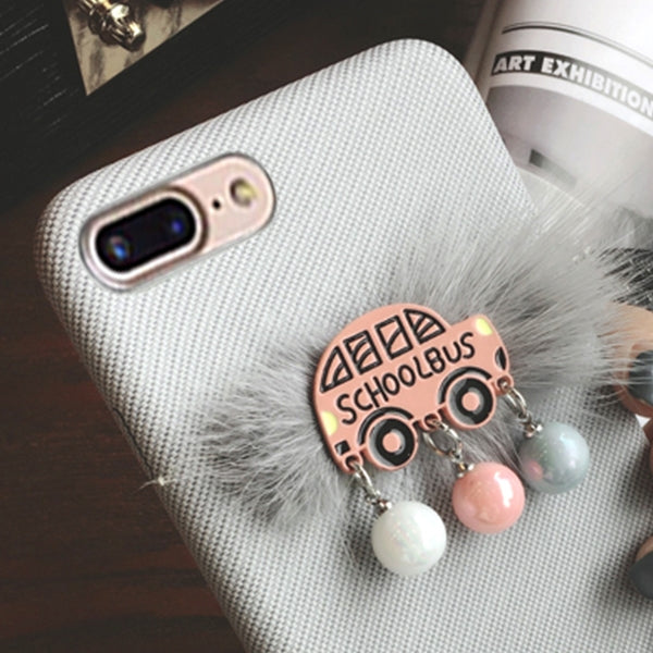 For iPhone 8 Plus & 7 Plus Plush School Bus Pattern Protective Back Cover Case with Sling & Small Ball Pendant