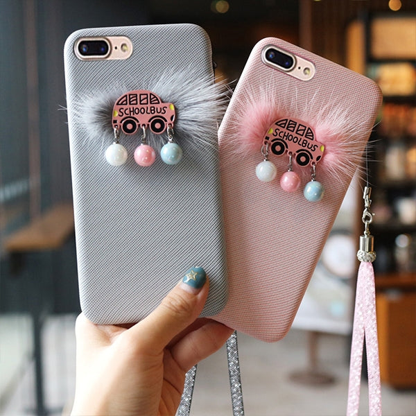 For iPhone 8 Plus & 7 Plus Plush School Bus Pattern Protective Back Cover Case with Sling & Small Ball Pendant