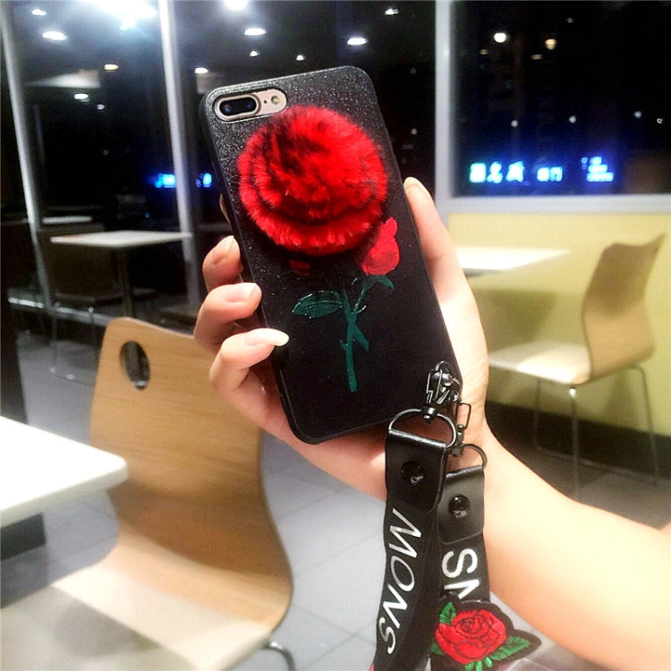 For iPhone 8 Plus & 7 Plus Furry Ball Rose Full Coverage Embossment Protective Back Cover Case with Sling