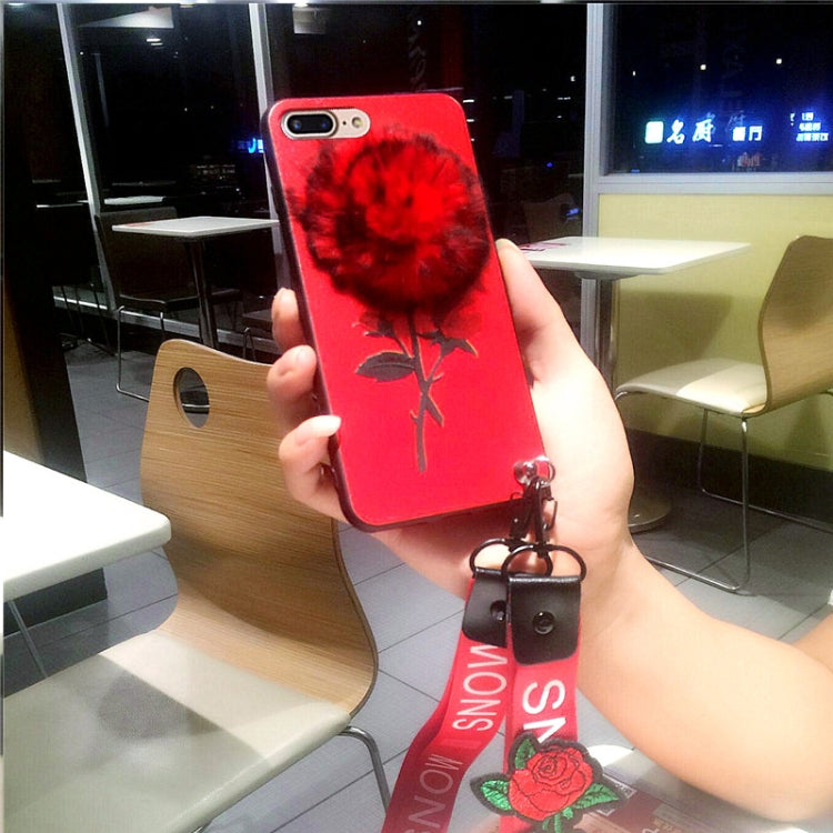 For iPhone 8 Plus & 7 Plus Furry Ball Rose Full Coverage Embossment Protective Back Cover Case with Sling