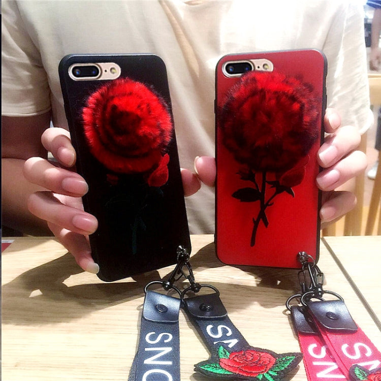 For iPhone 8 Plus & 7 Plus Furry Ball Rose Full Coverage Embossment Protective Back Cover Case with Sling