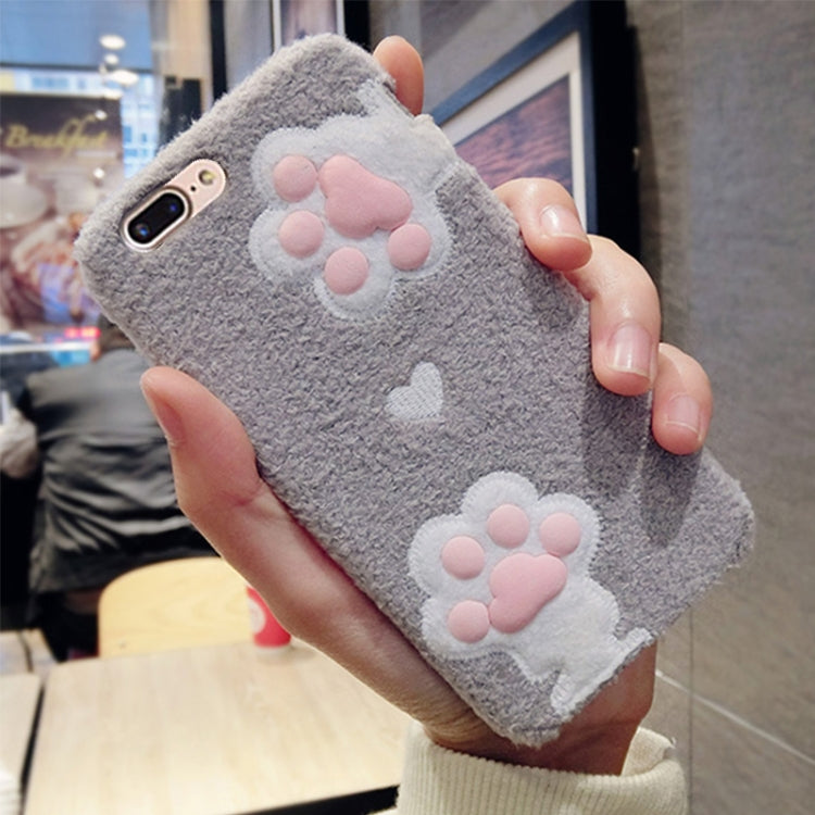 For iPhone 8 Plus & 7 Plus Plush Gray Cat Claw Pattern Full Coverage Protective Back Cover Case