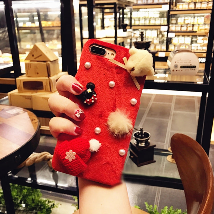For iPhone 8 Plus & 7 Plus Christmas Series Cute Dolls Handmade Wool Hat Plush Surface Protective Back Cover Case(Red)