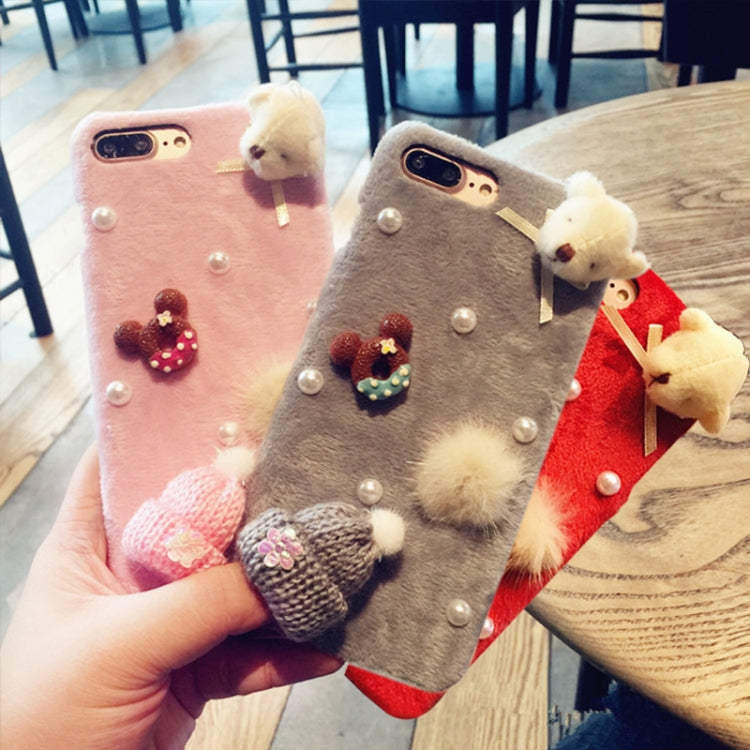 For iPhone 8 Plus & 7 Plus Christmas Series Cute Dolls Handmade Wool Hat Plush Surface Protective Back Cover Case(Red)