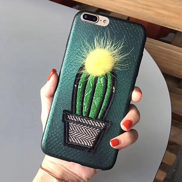 For iPhone 8 Plus & 7 Plus Embroidery Cactus Pattern Drop-proof Protective Back Cover Case with Furry Ball