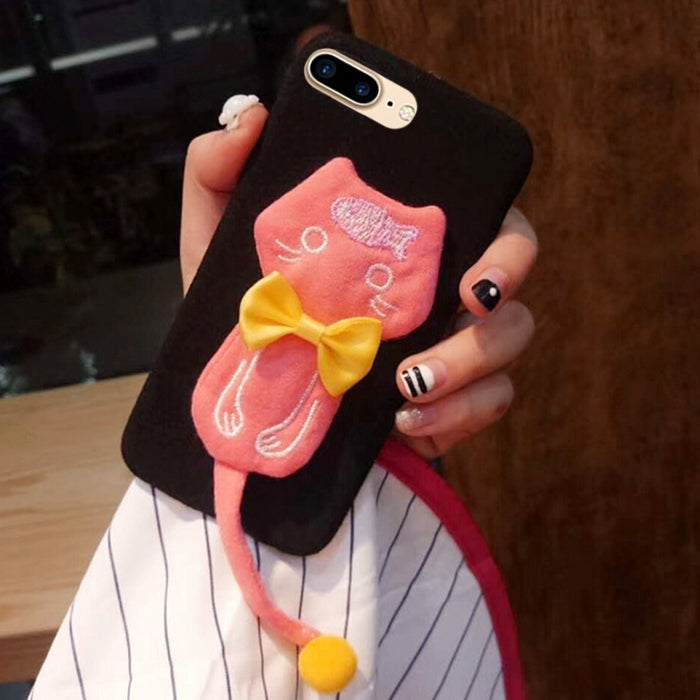 For iPhone 8 Plus & 7 Plus Plush Surface Cloth Tail Cats Protective Back Cover Case with Furry Ball & Bowknot
