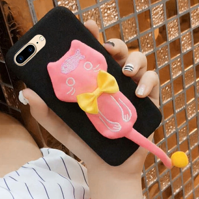 For iPhone 8 Plus & 7 Plus Plush Surface Cloth Tail Cats Protective Back Cover Case with Furry Ball & Bowknot
