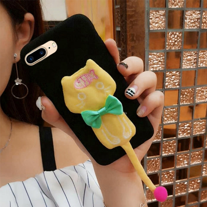 For iPhone 8 Plus & 7 Plus Plush Surface Cloth Tail Cats Protective Back Cover Case with Furry Ball & Bowknot