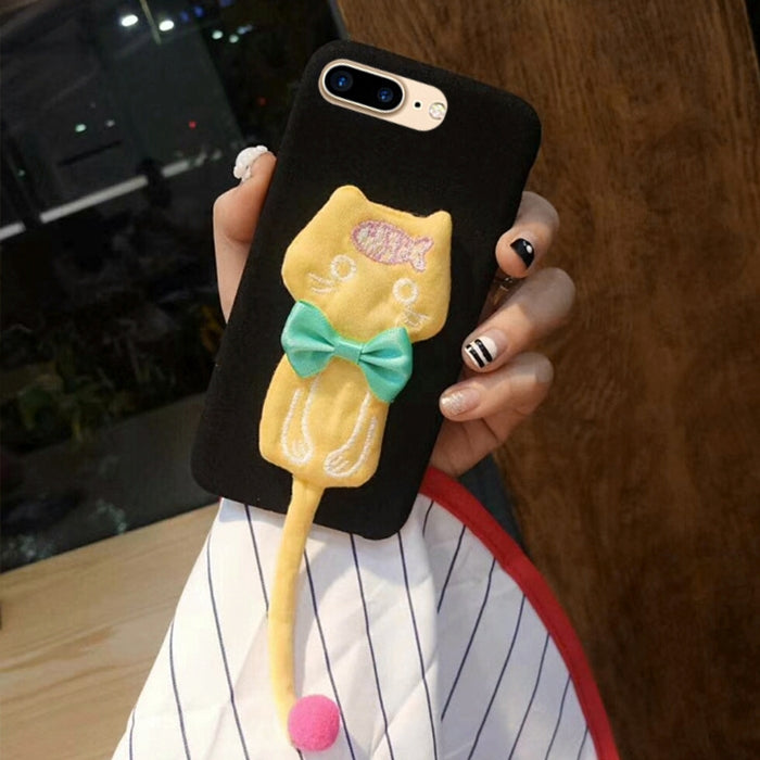 For iPhone 8 Plus & 7 Plus Plush Surface Cloth Tail Cats Protective Back Cover Case with Furry Ball & Bowknot