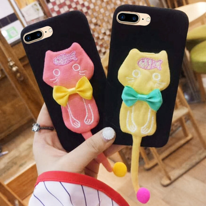 For iPhone 8 Plus & 7 Plus Plush Surface Cloth Tail Cats Protective Back Cover Case with Furry Ball & Bowknot