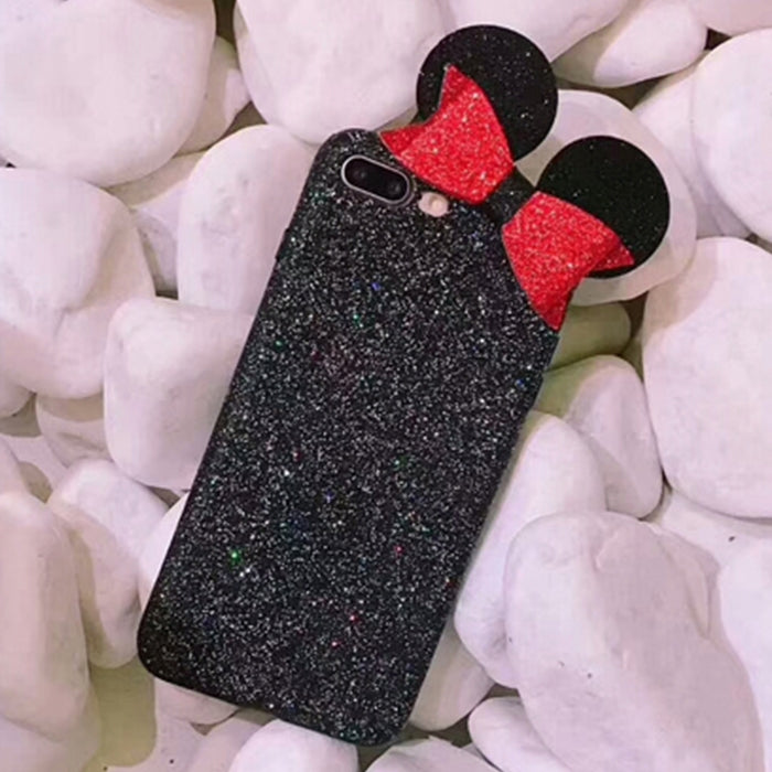 For iPhone 8 Plus & 7 Plus Glitter Powder Frosted Mickey Ear Bowknot Protective Back Cover Case