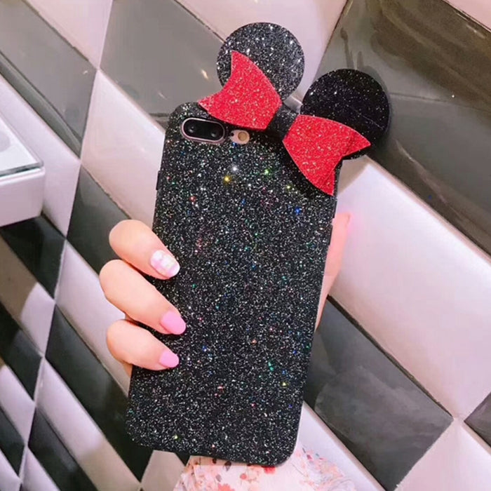 For iPhone 8 Plus & 7 Plus Glitter Powder Frosted Mickey Ear Bowknot Protective Back Cover Case