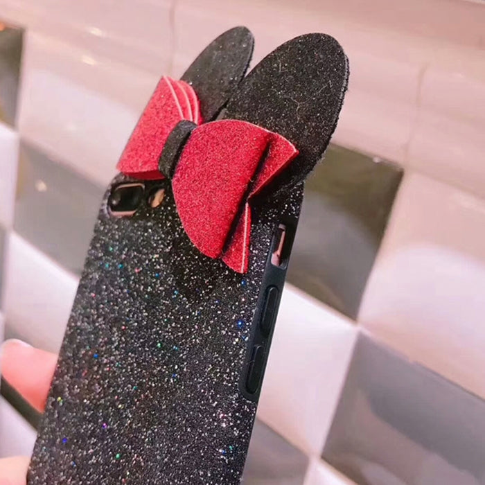 For iPhone 8 Plus & 7 Plus Glitter Powder Frosted Mickey Ear Bowknot Protective Back Cover Case