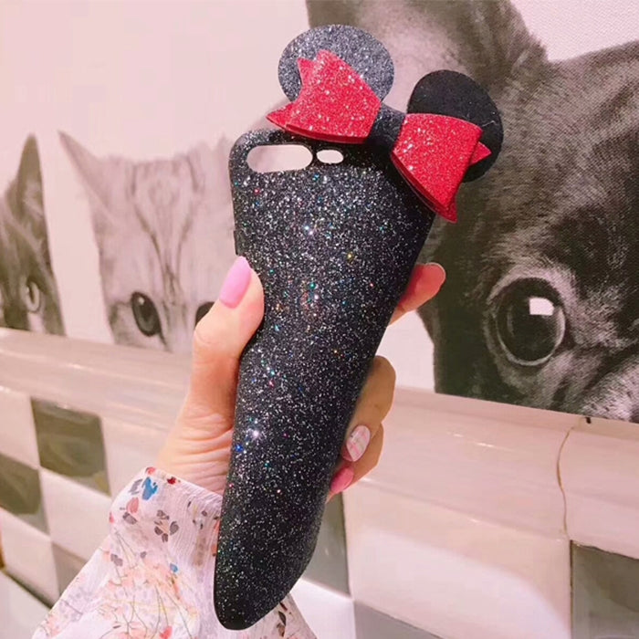 For iPhone 8 Plus & 7 Plus Glitter Powder Frosted Mickey Ear Bowknot Protective Back Cover Case