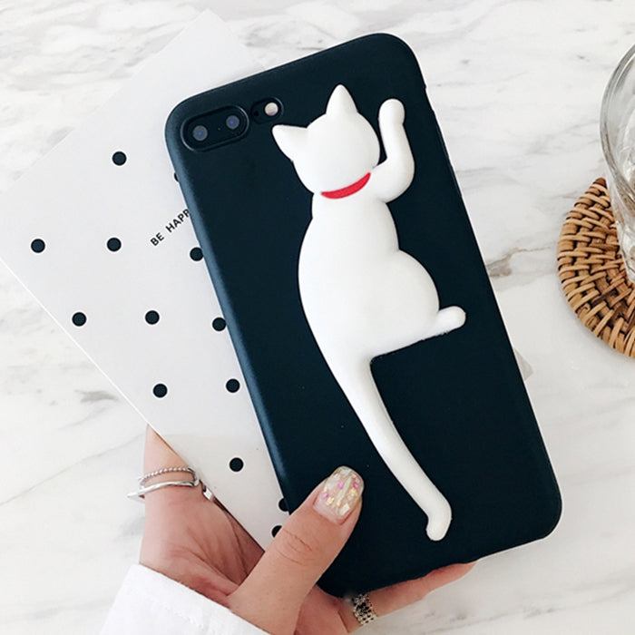 For iPhone 8 Plus & 7 Plus Creative Cat Tail Holder Oil Painting Surface Protective Back Cover Case