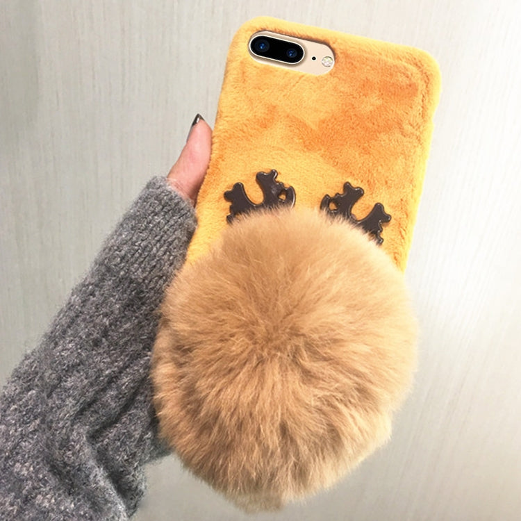 For iPhone 8 Plus & 7 Plus Christmas Series Plush Surface Antlers Pattern Drop-proof Protective Back Cover Case with Furry Ball