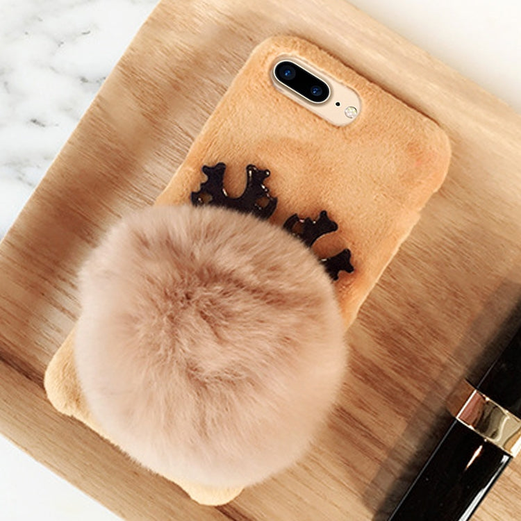 For iPhone 8 Plus & 7 Plus Christmas Series Plush Surface Antlers Pattern Drop-proof Protective Back Cover Case with Furry Ball