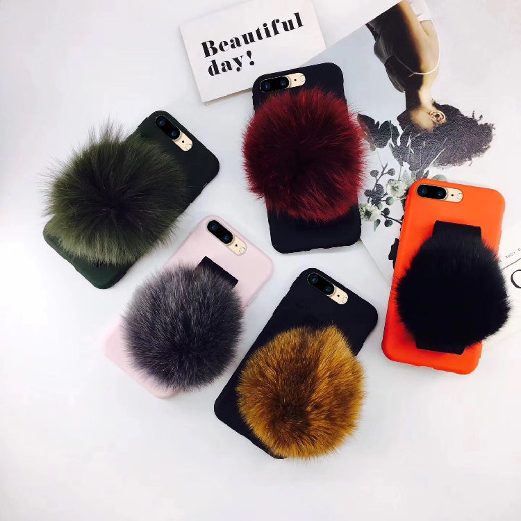 For iPhone 8 Plus & 7 Plus Furry Ball Wrist Band Full Coverage Protective Back Cover Case