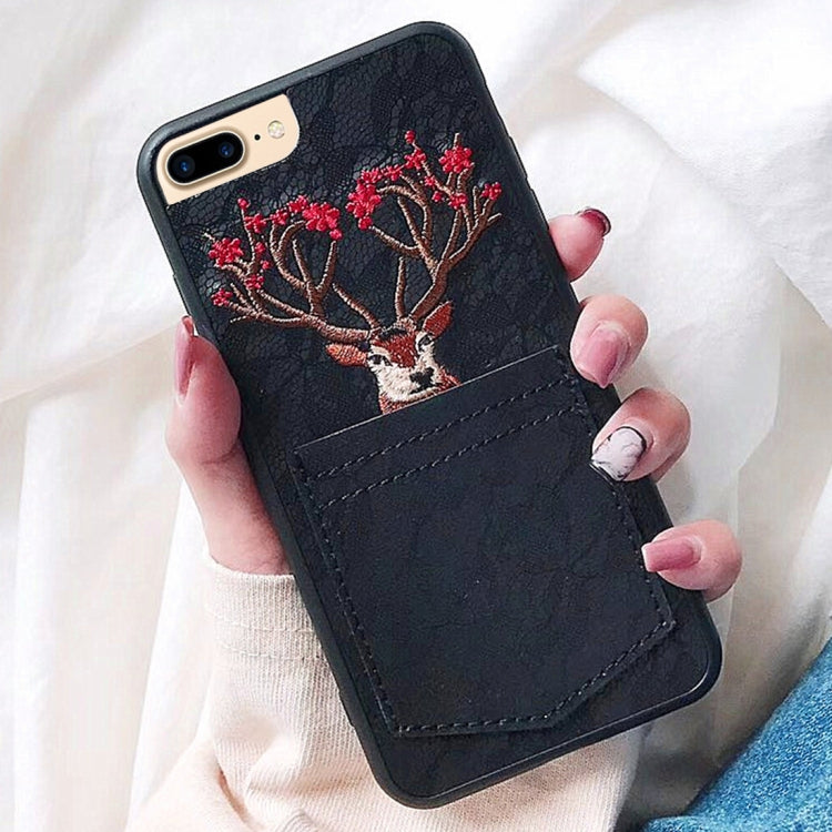 For iPhone 8 Plus & 7 Plus Christmas Series Embroidery Elk Pattern Drop-proof Protective Back Cover Case with Card Slot
