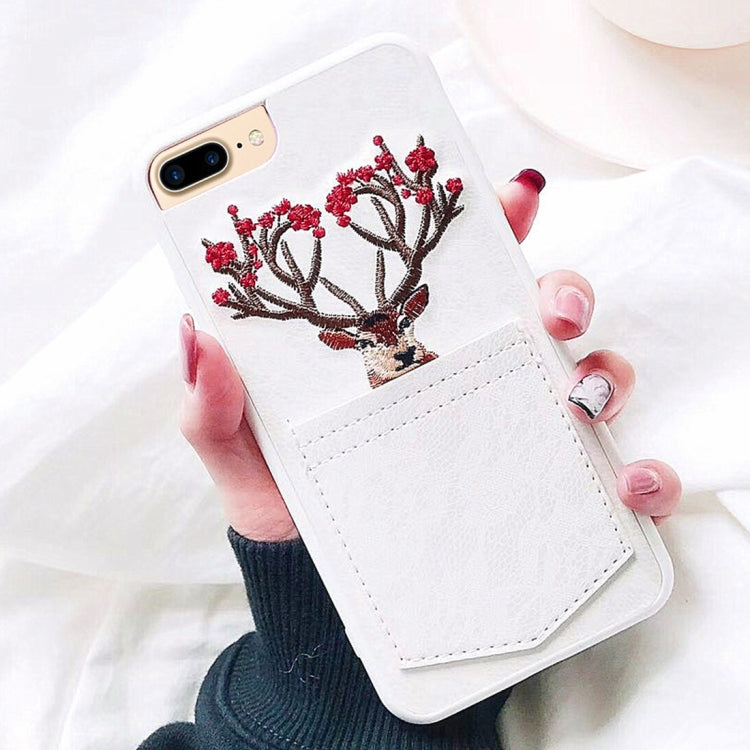 For iPhone 8 Plus & 7 Plus Christmas Series Embroidery Elk Pattern Drop-proof Protective Back Cover Case with Card Slot
