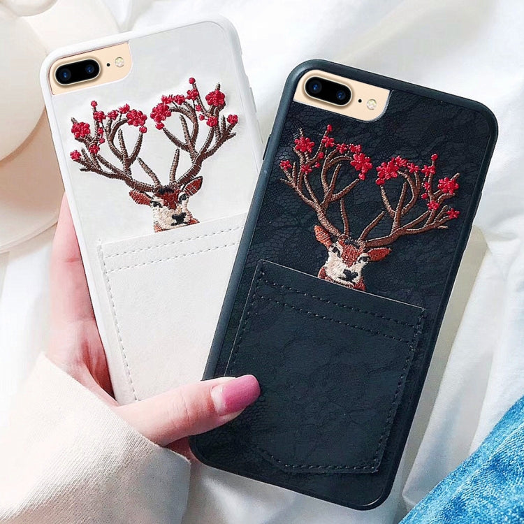 For iPhone 8 Plus & 7 Plus Christmas Series Embroidery Elk Pattern Drop-proof Protective Back Cover Case with Card Slot