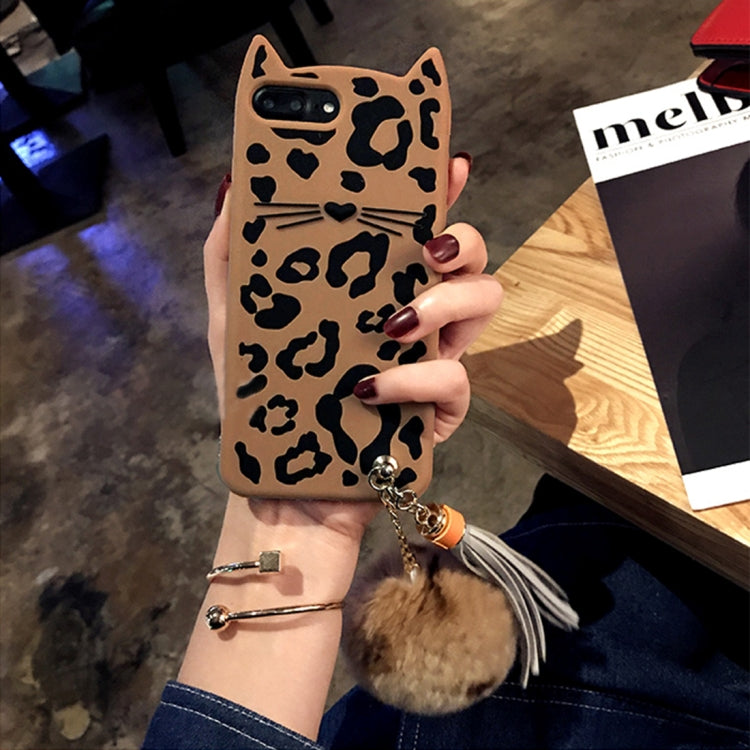 For iPhone 8 Plus & 7 Plus Leopard Cat Pattern Full Coverage Drop-proof Protective Back Cover Case with Furry Ball Pendant
