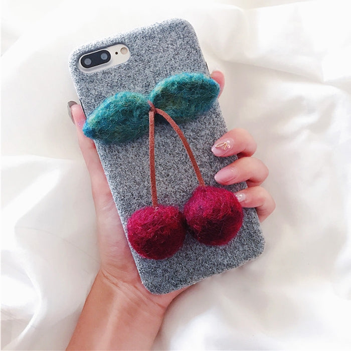 For iPhone 8 Plus & 7 Plus Handmade Wool Felt Plush Cherry Protective Back Cover Case