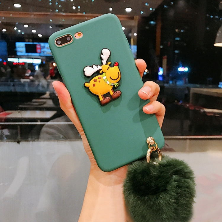 For iPhone 8 Plus & 7 Plus Christmas Series Cartoon Elk Pattern Full Coverage Protective Back Cover Case with Furry Ball Pendant