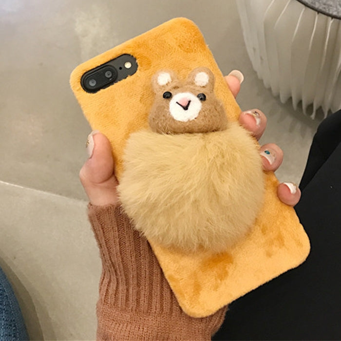 For iPhone 8 Plus & 7 Plus Fashion Cute Little Bear Furry Ball Pattern Felt Plush Protective Back Cover Case