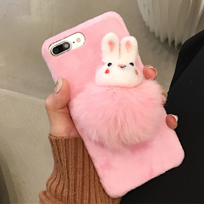 For iPhone 8 Plus & 7 Plus Fashion Cute Rabbit Furry Ball Pattern Felt Plush Protective Back Cover Case