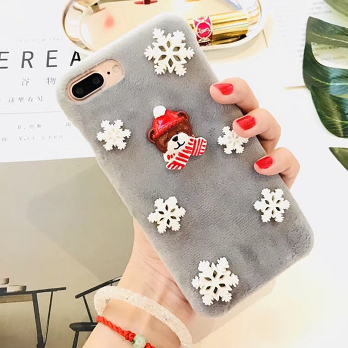 For iPhone 8 Plus & 7 Plus Fashion Cute 3D Snow Christmas Bear Pattern Flannel Protective Back Cover Case (Grey)