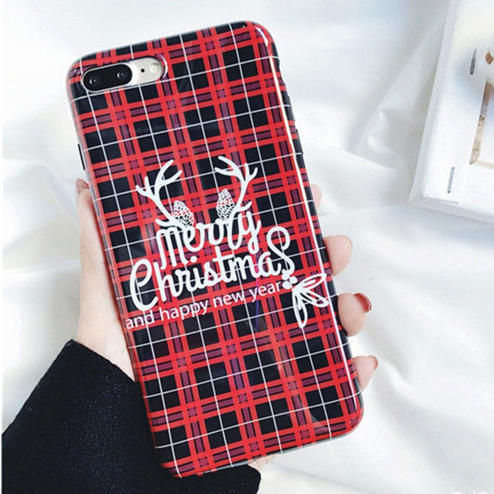 For iPhone 8 Plus & 7 Plus Fashion Red Lattice Merry Christmas and Happy New Year Elk Horn Pattern Protective Back Cover Case
