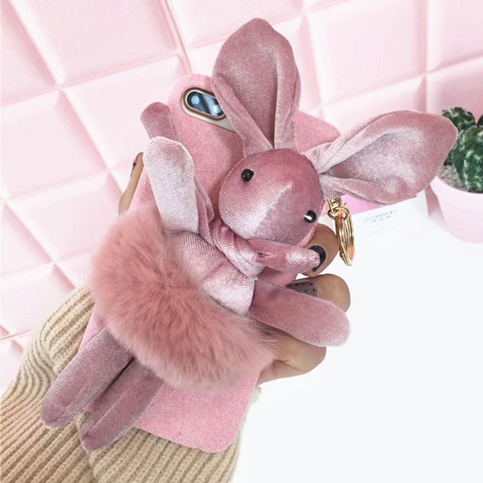 For iPhone 8 Plus & 7 Plus Fashion Cute 3D Rabbit Doll Pattern Plush Flannel Protective Back Cover Case with Chain