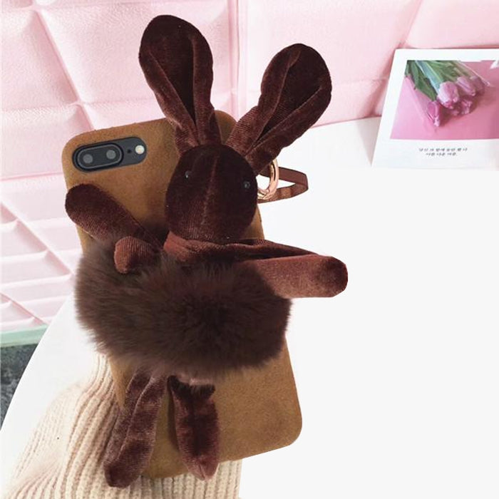 For iPhone 8 Plus & 7 Plus Fashion Cute 3D Rabbit Doll Pattern Plush Flannel Protective Back Cover Case with Chain