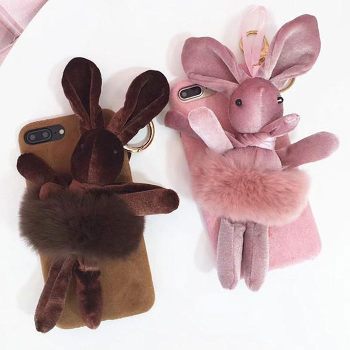 For iPhone 8 Plus & 7 Plus Fashion Cute 3D Rabbit Doll Pattern Plush Flannel Protective Back Cover Case with Chain