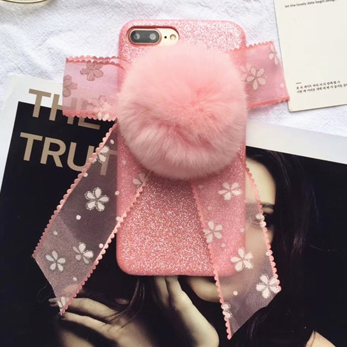 For iPhone 8 Plus & 7 Plus Fashion Cute 3D Lace Butterfly Knot Furry Ball Pattern Flannel Protective Back Cover Case (Pink)