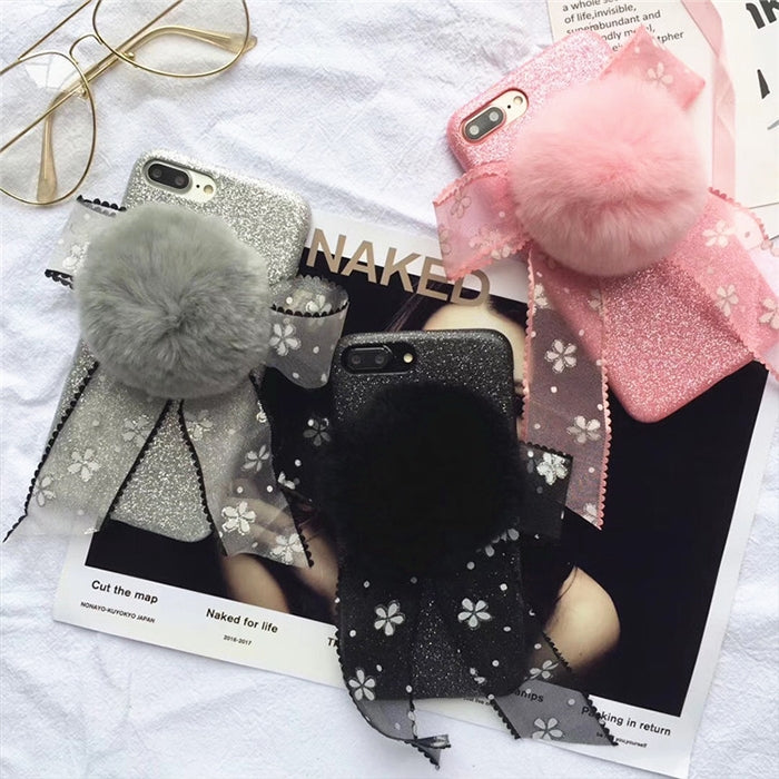 For iPhone 8 Plus & 7 Plus Fashion Cute 3D Lace Butterfly Knot Furry Ball Pattern Flannel Protective Back Cover Case (Pink)