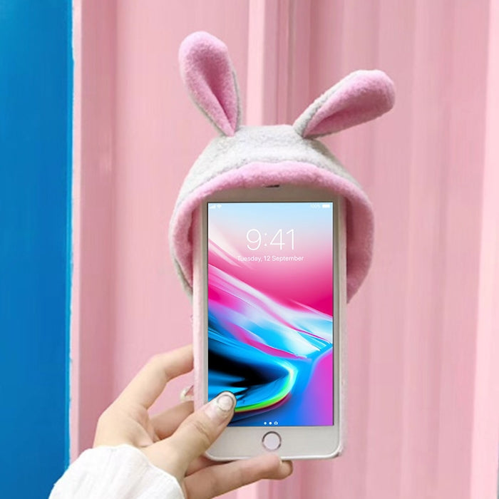 For iPhone 8 Plus & 7 Plus Plush Lovely Rabbit Ears Hat Protective Back Cover Case with Furry Ball