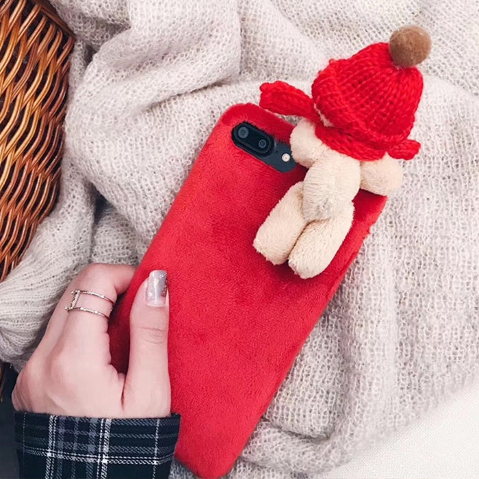 For iPhone 8 Plus & 7 Plus Lovely 3D Papa Scarf Bear Doll Plush Protective Back Cover Case