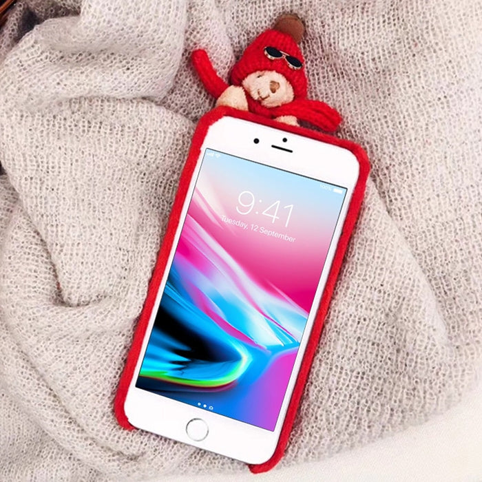 For iPhone 8 Plus & 7 Plus Lovely 3D Papa Scarf Bear Doll Plush Protective Back Cover Case