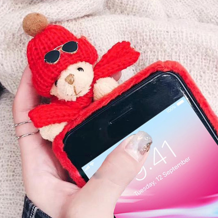 For iPhone 8 Plus & 7 Plus Lovely 3D Papa Scarf Bear Doll Plush Protective Back Cover Case