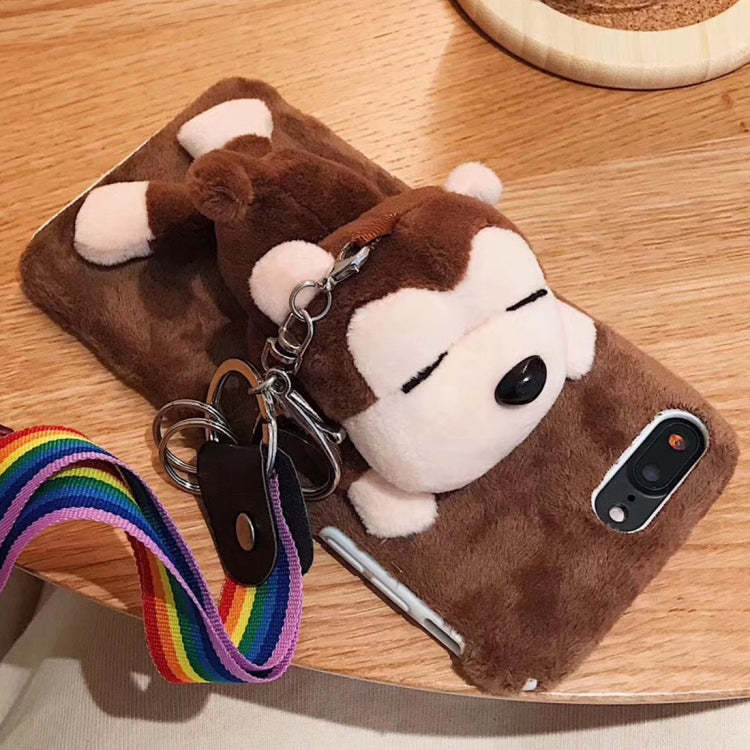 For iPhone 8 Plus & 7 Plus Cute Plush Monkey Doll Protective Back Cover Case with Sling