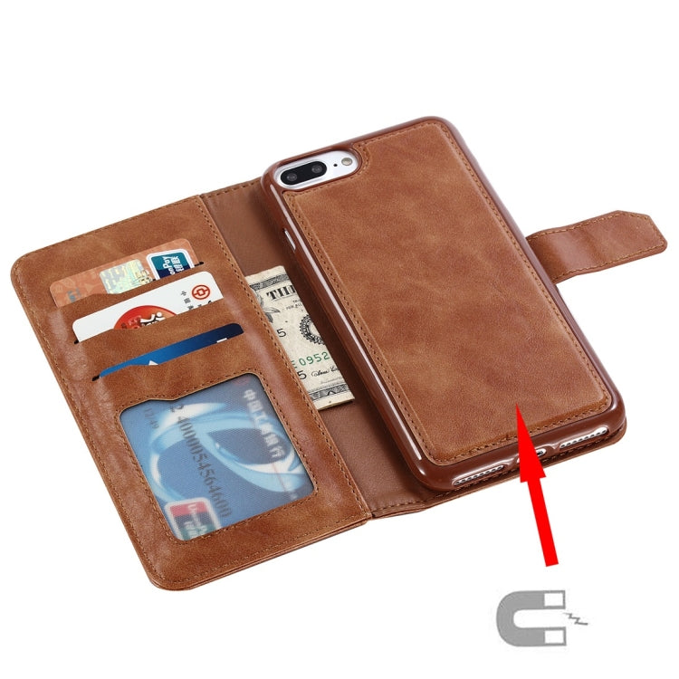 For iPhone 8 Plus & 7 Plus Retro Cowhide Texture Magnetic Absorption Detachable Back Cover Horizontal Flip Leather Case with Holder & Card Slots & Wallet & Photo Frame & Lanyard (Brown)