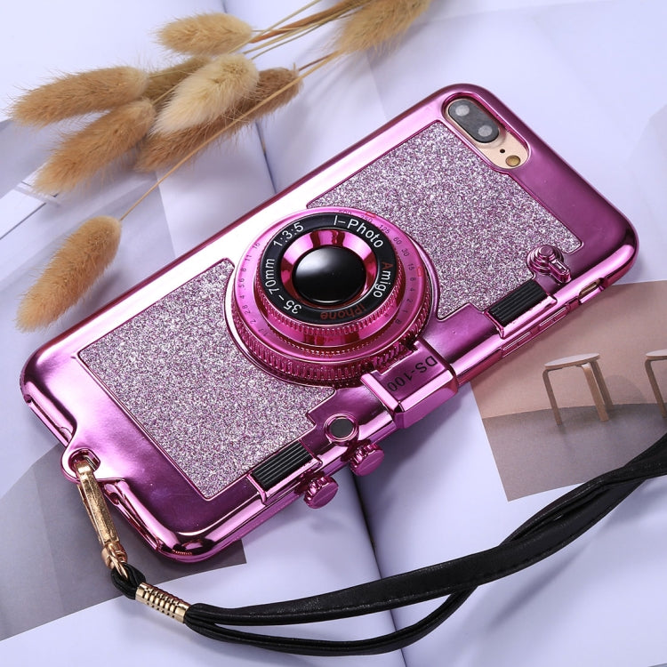For iPhone 8 Plus & 7 Plus TPU Camera Shape Mirror Glitter Protective Back Cover Case with Holder & Lanyard