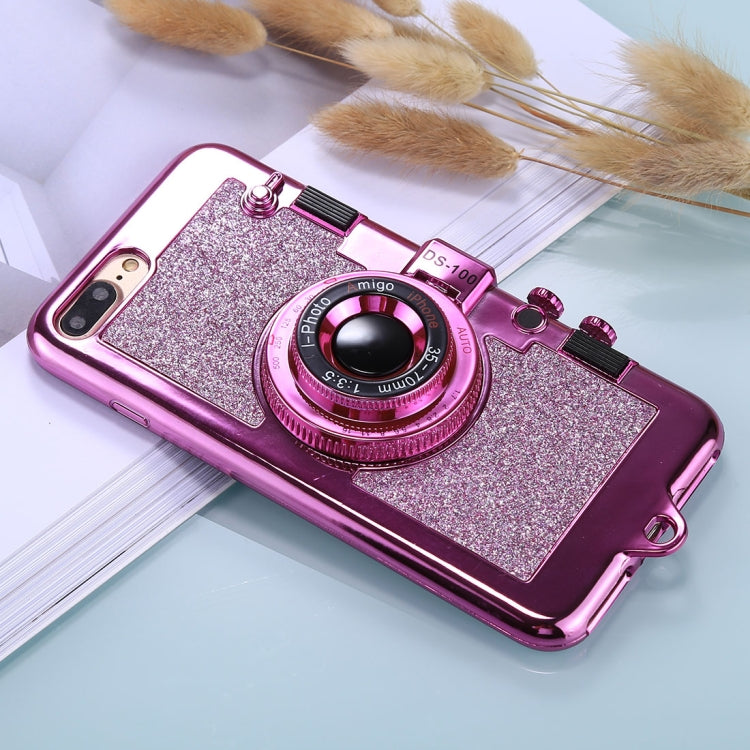 For iPhone 8 Plus & 7 Plus TPU Camera Shape Mirror Glitter Protective Back Cover Case with Holder & Lanyard
